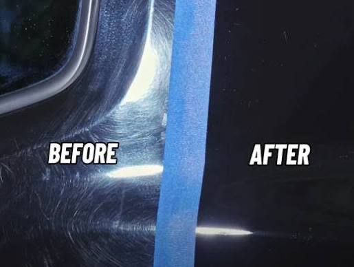 Before and after paint correction showing swirl marks removed from black paint